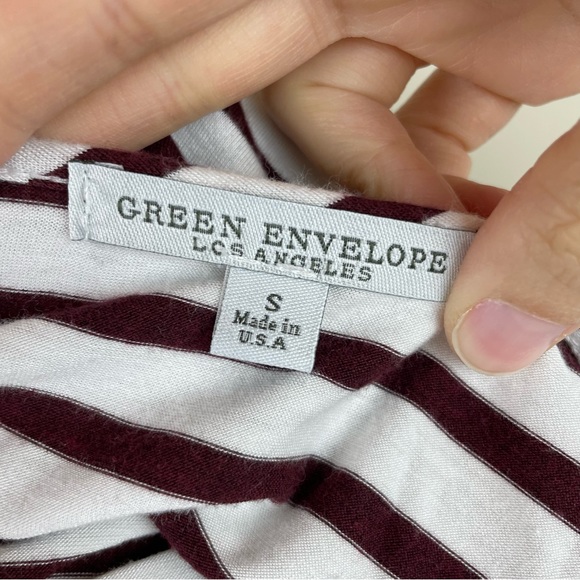 Green Envelope Brown White Stripe Short Sleeve Top Women Small - Picture 2 of 7